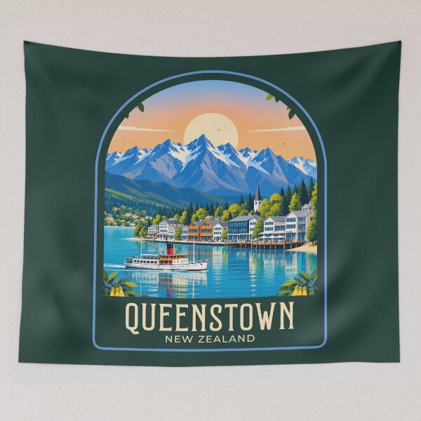 Artikelvorschau, Queenstown Vintage-Reiseillustration entworfen und verkauft von HomeLivingCo.