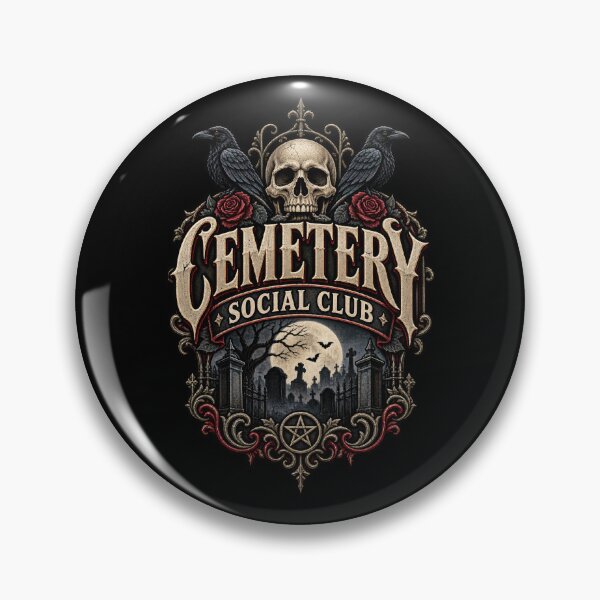 Item preview, Cemetery Social Club – Dark Gothic Graveyard Raven Skull Halloween Badge designed and sold by RockitBaby.