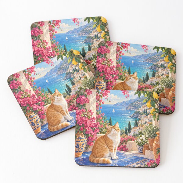 Item preview, Sunlit Mediterranean Cat – Colorful Coastal Cat Wall Art designed and sold by Jaani-T.