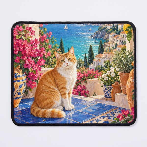 Item preview, Sunlit Mediterranean Cat – Colorful Coastal Cat Wall Art designed and sold by Jaani-T.