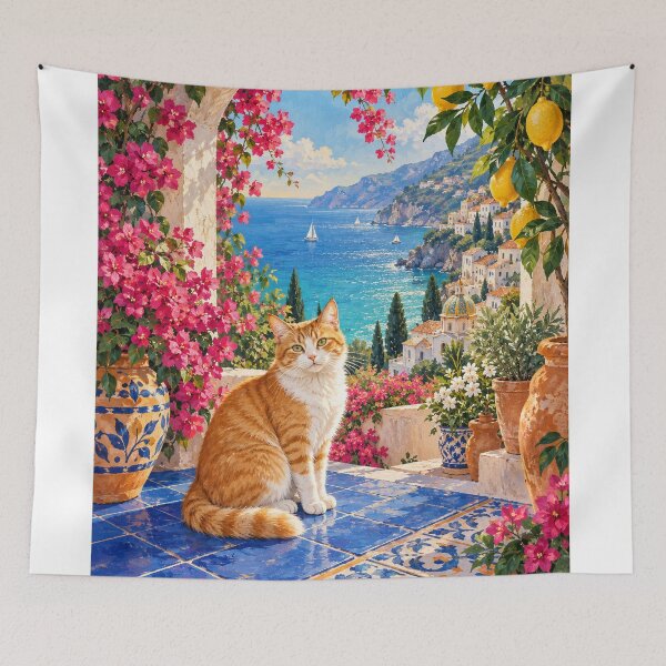 Item preview, Sunlit Mediterranean Cat – Colorful Coastal Cat Wall Art designed and sold by Jaani-T.