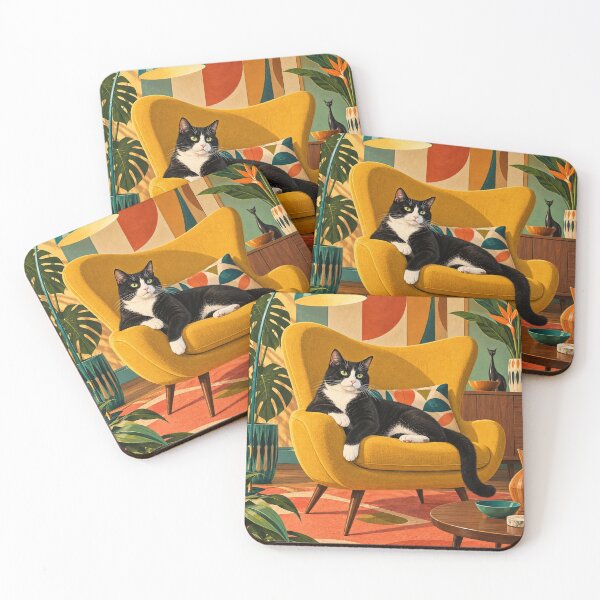 Item preview, Retro Cat Lounge – Colorful Mid-Century Modern Cat Wall Art designed and sold by Jaani-T.