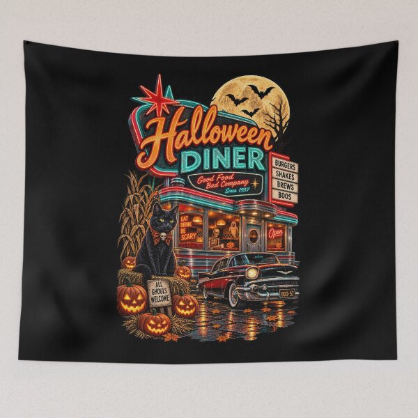Item preview, Halloween Diner – 1950s Vintage Diner Black Cat & Pumpkin Halloween Design designed and sold by RockitBaby.