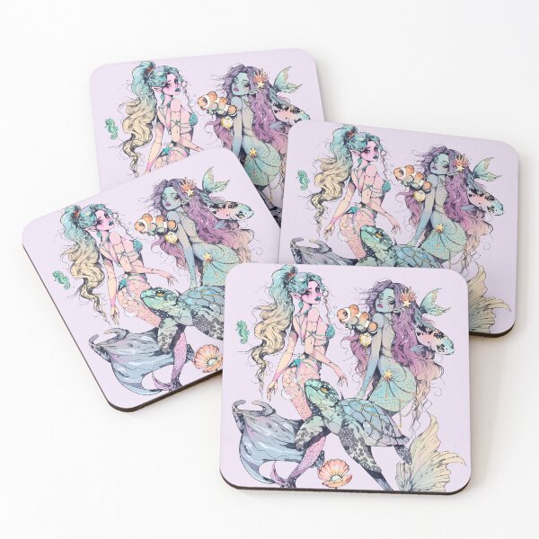 Item preview, Aesthetic mermaids turtle seahorse manta ray clownfish and puffer fish sea life pastel illustration designed and sold by marlenaki.