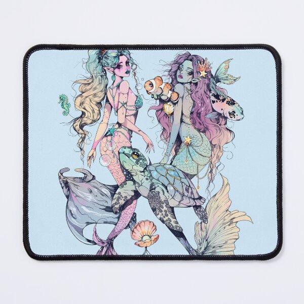 Item preview, Aesthetic mermaids turtle seahorse manta ray clownfish and puffer fish sea life pastel illustration designed and sold by marlenaki.
