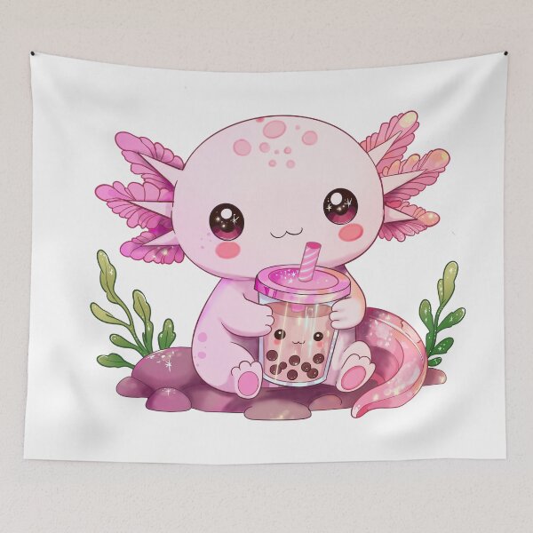 Item preview, Cute pink gradient sparkly Axolotl drinking a kawaii boba tea designed and sold by marlenaki.