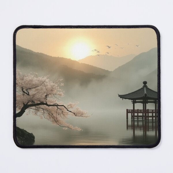 Item preview, Serene Sunrise Over Misty Lake with Sakura and Pavilion designed and sold by PrintWavePro.