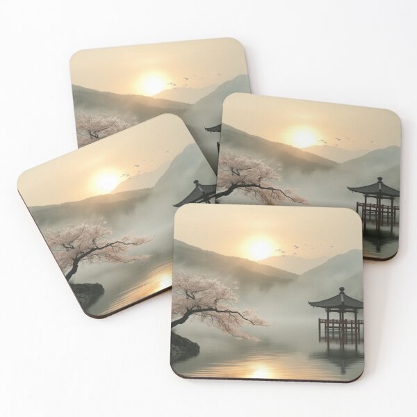 Item preview, Serene Sunrise Over Misty Lake with Sakura and Pavilion designed and sold by PrintWavePro.