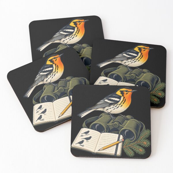 Item preview, Blackburnian Warbler with Binoculars and Field Notebook designed and sold by lbenoraib.