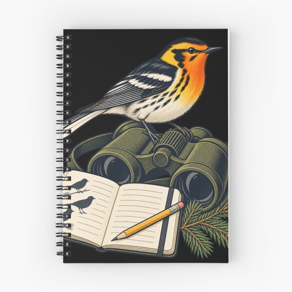 Item preview, Blackburnian Warbler with Binoculars and Field Notebook designed and sold by lbenoraib.