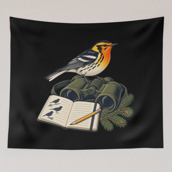 Item preview, Blackburnian Warbler with Binoculars and Field Notebook designed and sold by lbenoraib.