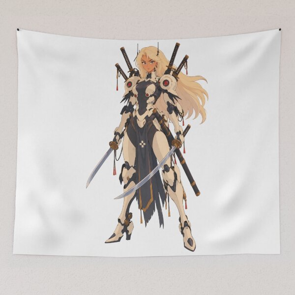 Item preview, Cyber Samurai Blonde Mecha Girl Dual Katanas - Retro 90s Cartoon Style designed and sold by  Hollow Moon Studios..
