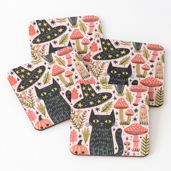 Item preview, Witchy Black Cat with Mushrooms and Pumpkins designed and sold by Sunday Margaritas Art.