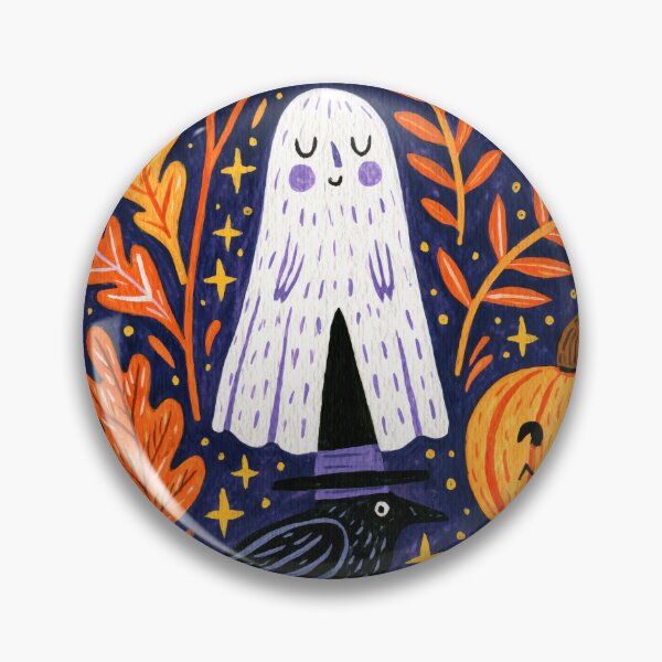 Item preview, Folk Art Halloween Ghost Crows and Pumpkins designed and sold by Sunday Margaritas Art.