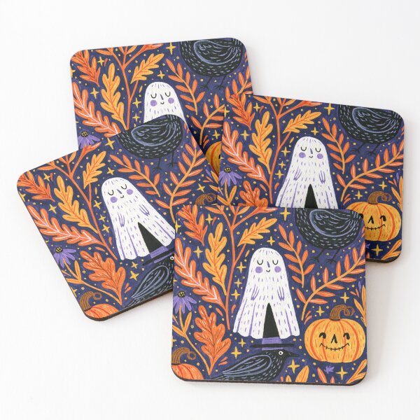 Item preview, Folk Art Halloween Ghost Crows and Pumpkins designed and sold by Sunday Margaritas Art.