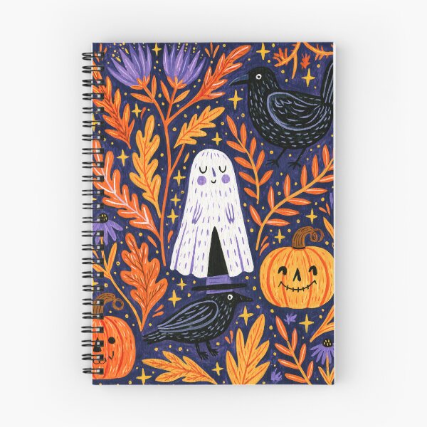 Item preview, Folk Art Halloween Ghost Crows and Pumpkins designed and sold by Sunday Margaritas Art.