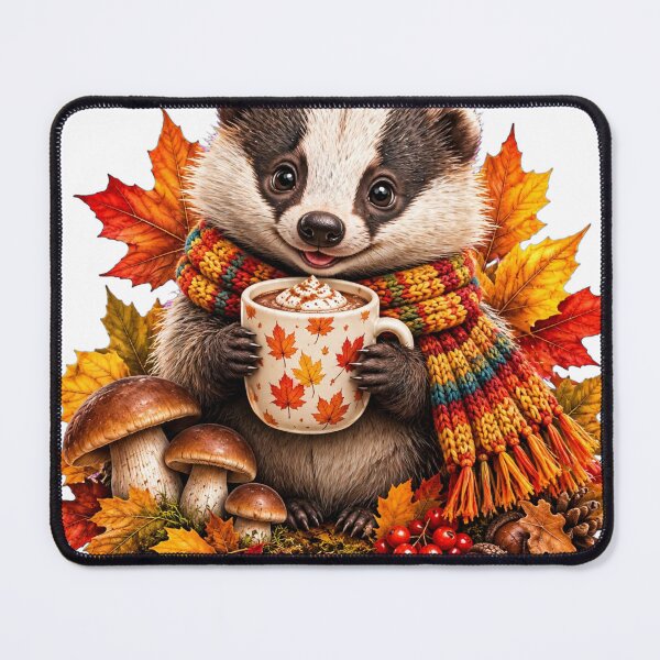 Item preview, Cozy Autumn Badger with Hot Chocolate and Fall Leaves designed and sold by Surviving Monday Club.