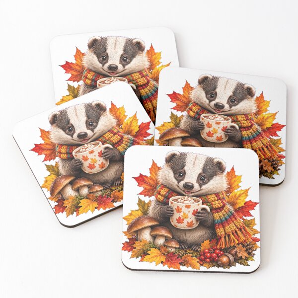 Item preview, Cozy Autumn Badger with Hot Chocolate and Fall Leaves designed and sold by Surviving Monday Club.