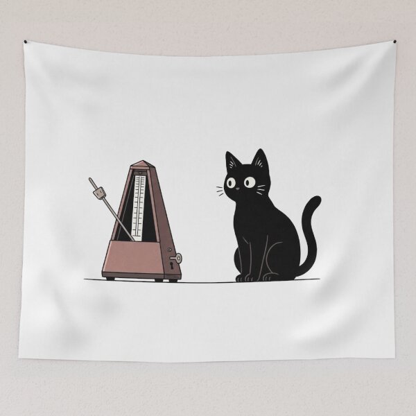 Artikelvorschau, Neugierige schwarze Katze beobachtet tickendes Metronom entworfen und verkauft von Akali Design.