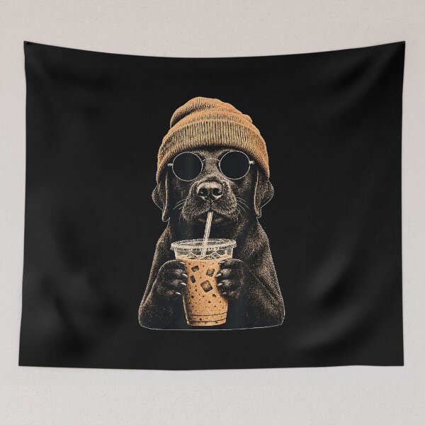 Item preview, Black Labrador Hipster Dog Drinking Iced Coffee Sunglasses designed and sold by MurillaJeremy.