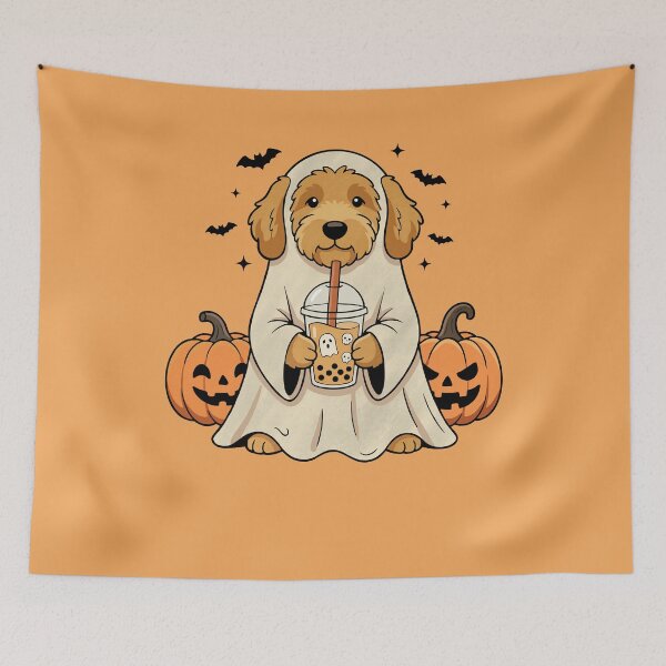 Item preview, Goldendoodle Ghost Sipping Boba on Spooky Halloween Night designed and sold by FreshVibe Prints.