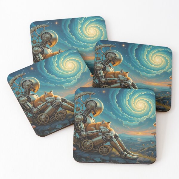 Item preview, Steampunk Golem Cradling a Fox Against an Abstract Backdrop designed and sold by Fanta-sticky.