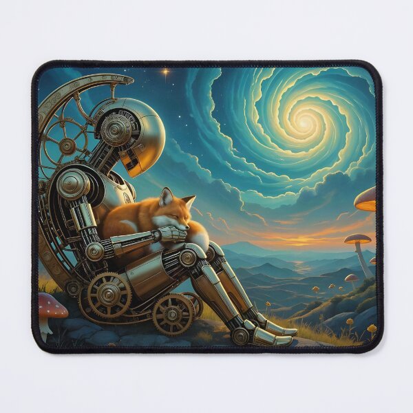 Item preview, Steampunk Golem Cradling a Fox Against an Abstract Backdrop designed and sold by Fanta-sticky.