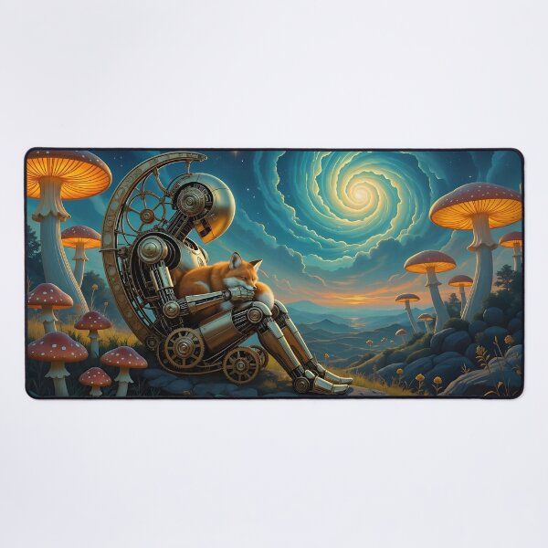 Item preview, Steampunk Golem Cradling a Fox Against an Abstract Backdrop designed and sold by Fanta-sticky.