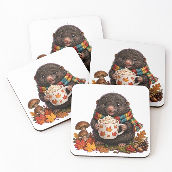 Item preview, Cozy Autumn Mole with Hot Cocoa and Maple Leaves designed and sold by Surviving Monday Club.