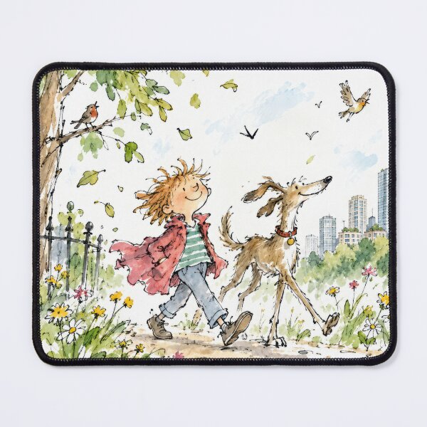 Item preview, Happy Boy Walking with a Big Dog in City Park designed and sold by Maria Dryfhout.