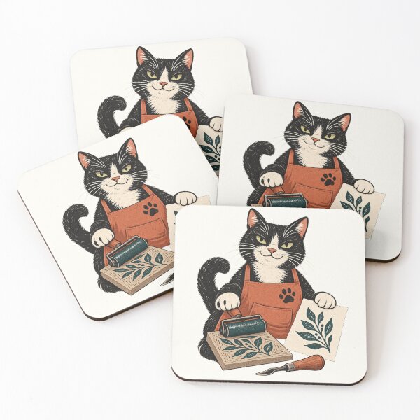 Item preview, Tuxedo Cat Printmaker with Brayer and Botanical Block designed and sold by lbenoraib.
