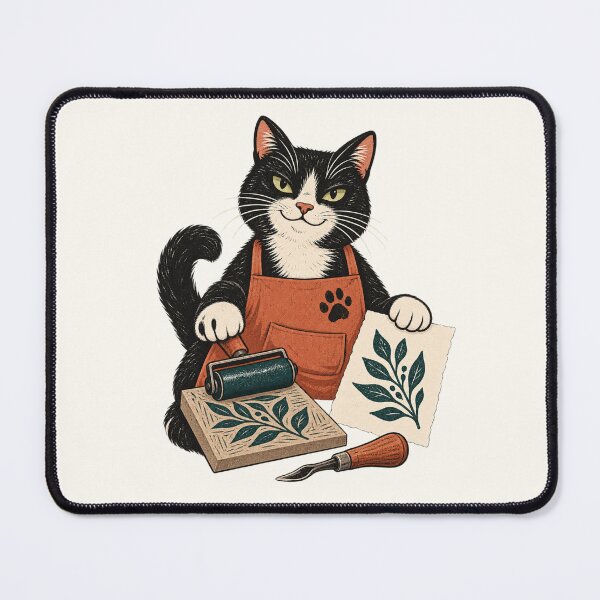 Item preview, Tuxedo Cat Printmaker with Brayer and Botanical Block designed and sold by lbenoraib.