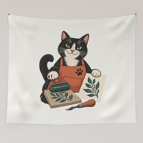 Item preview, Tuxedo Cat Printmaker with Brayer and Botanical Block designed and sold by lbenoraib.