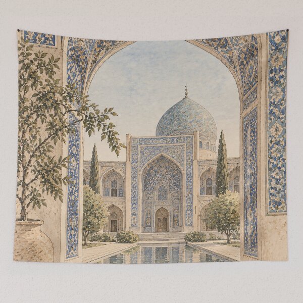 Item preview, Boho Islamic Arch Mosque Watercolour Blue Tile Art designed and sold by Jozefin's Studio.