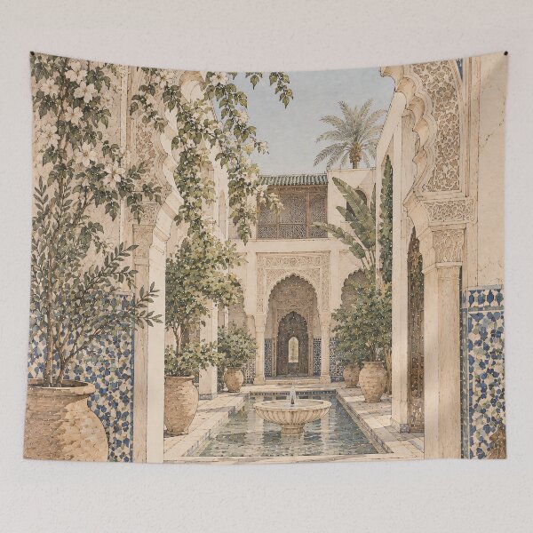 Item preview, Boho Moroccan Courtyard Archway Watercolour Oil Painting designed and sold by Jozefin's Studio.