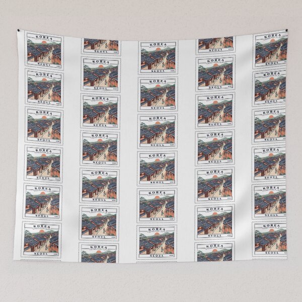 Item preview, Vintage Korea Seoul Bukchon Hanok Village Postage Stamp Vector designed and sold by Shutter-Dragon.
