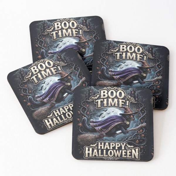 Item preview, Cute Black Cat Witch Flying on Broom Boo Time Happy Halloween Vintage Poster Art designed and sold by Mindworx21.