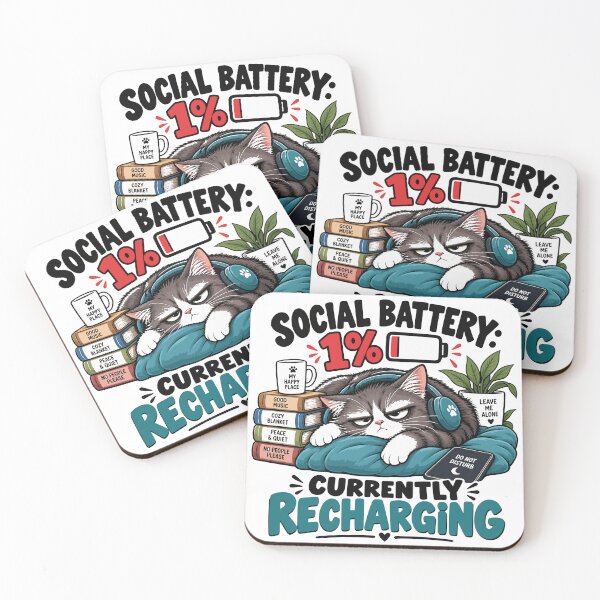 Item preview, Social Battery 1% Currently Recharging Funny Cat Introvert Design designed and sold by BDLuck2021.