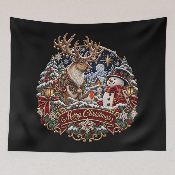 Item preview, Christmas Reindeer Embroidery – Luxury Winter Woodland Stag & Snowman Art designed and sold by Emoji Emblems.