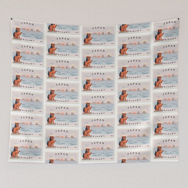 Item preview, Vintage Japan Okinawa Shisa Lion Sunset Beach Postage Stamp Vector designed and sold by Shutter-Dragon.