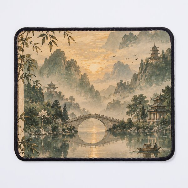 Item preview, Japandi Misty Mountain River Bridge Watercolour Painting designed and sold by Jozefin's Studio.