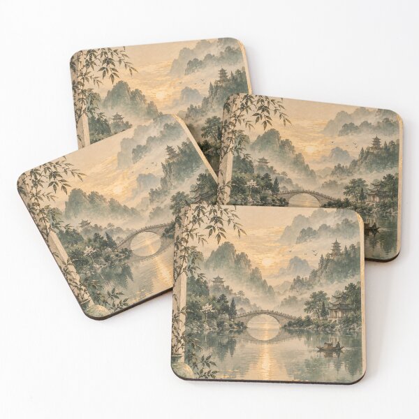 Item preview, Japandi Misty Mountain River Bridge Watercolour Painting designed and sold by Jozefin's Studio.