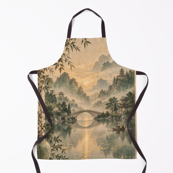 Item preview, Japandi Misty Mountain River Bridge Watercolour Painting designed and sold by Jozefin's Studio.