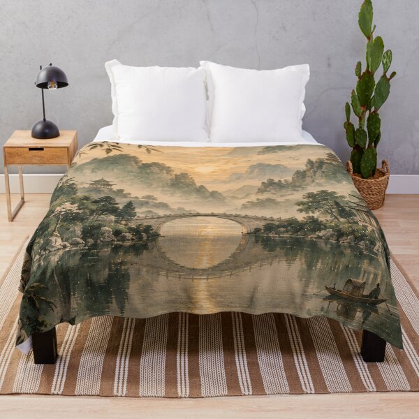 Item preview, Japandi Misty Mountain River Bridge Watercolour Painting designed and sold by Jozefin's Studio.
