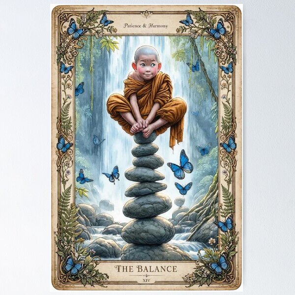 Item preview, The Balance Tarot Card XIV - Patience & Harmony, Cute Monk Zen Art designed and sold by ExpressoJungle.