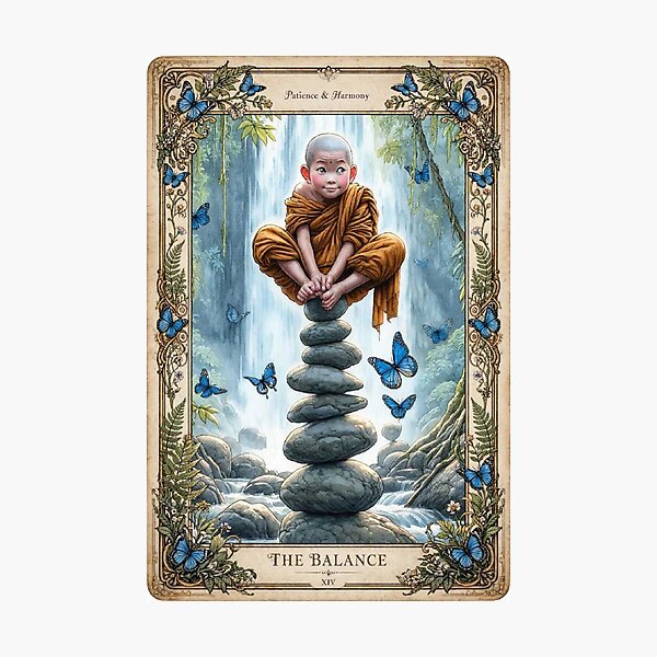 Item preview, The Balance Tarot Card XIV - Patience & Harmony, Cute Monk Zen Art designed and sold by ExpressoJungle.