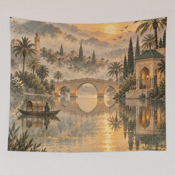Item preview, Boho Sunset River Landscape Oil Painting Golden designed and sold by Jozefin's Studio.