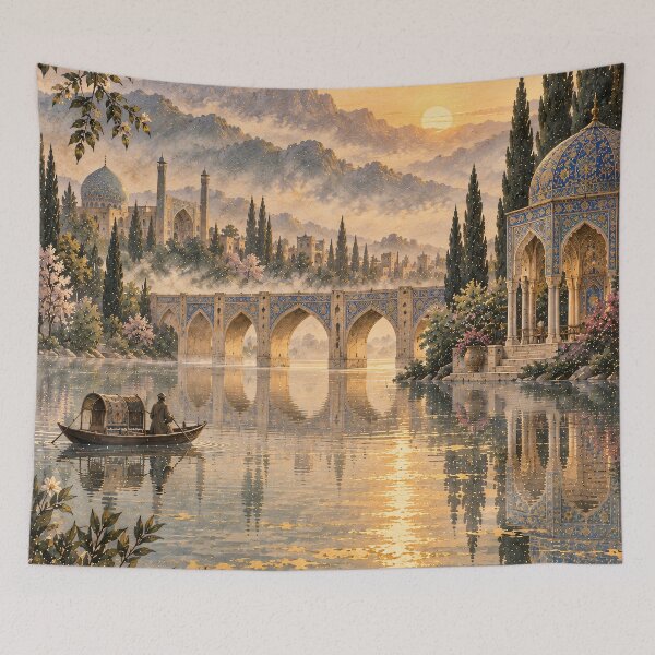 Item preview, Maximalist Persian Landscape Oil Painting Golden Sunset designed and sold by Jozefin's Studio.