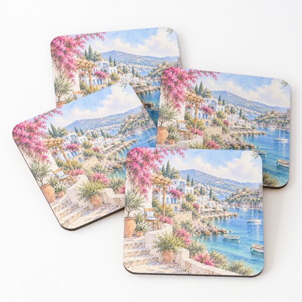 Item preview, Coastal Mediterranean Terrace Watercolour Blue Sea Painting designed and sold by Jozefin's Studio.