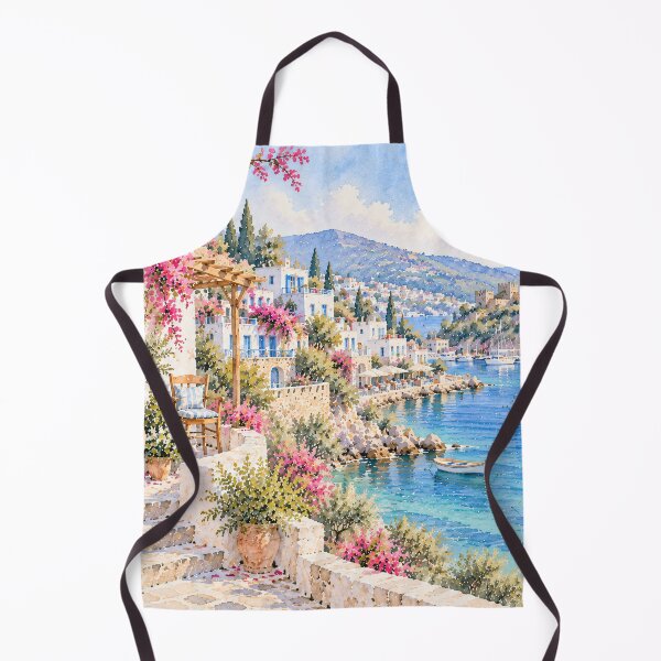 Item preview, Coastal Mediterranean Terrace Watercolour Blue Sea Painting designed and sold by Jozefin's Studio.